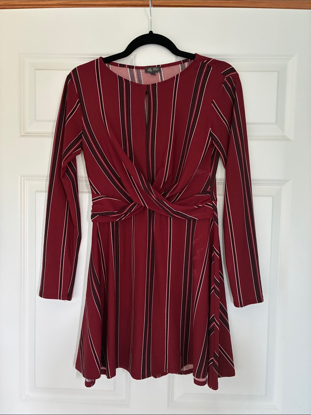 Lily Rose Burgundy Striped Twist-Waist Long Sleeve Dress